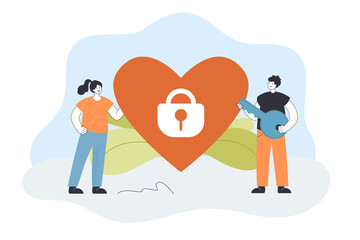Tiny man holding key unlocking padlock in heart of woman. Love compatibility of female and male characters flat vector illustration. Romance concept for banner, website design or landing web page