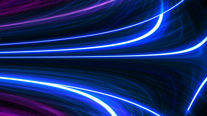 Bright abstract blurred colored stripes of light on a black background, vibrant changing curves,...