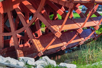 Steamboat Red Paddle Wheel. Closeup Of Red Paddle Wheel On River Boat