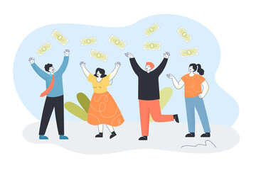 Fototapeta premium Happy business people catching flying cash money. Currency falling on rich male and female characters flat vector illustration. Prize, success concept for banner, website design or landing web page