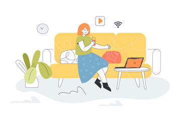Obraz na płótnie Canvas Woman sitting on sofa, watching movie in living room interior. Happy young person relaxing at home flat vector illustration. Entertainment concept for banner, website design or landing web page