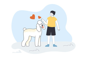 Boy and dog standing together with hearts above heads. Child adopting adorable poodle flat vector illustration. Love for domestic animals concept for banner, website design or landing web page