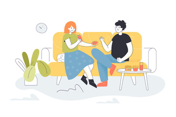 Couple sitting on sofa in living room, eating fast food together. Young woman giving donut to hungry man flat vector illustration. Love, lunch concept for banner, website design or landing web page