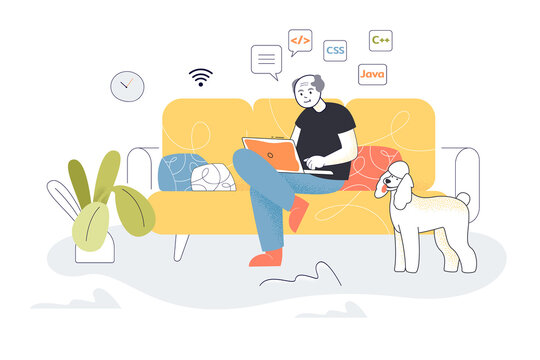 Grandfather sitting with laptop on sofa and coding. Old man programming on computer language flat vector illustration. Software, retirement concept for banner, website design or landing web page
