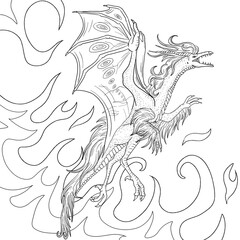 Black and white coloring page ink illustration of a dragon.