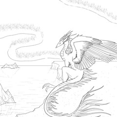 Black and white coloring page ink illustration of a dragon.