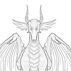 Black and white coloring page ink illustration of a dragon.