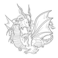 Obraz premium Black and white coloring page ink illustration of a dragon.