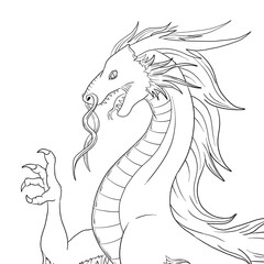 Black and white coloring page ink illustration of a dragon.
