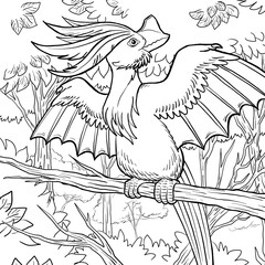 Black and white coloring page ink illustration of a dragon.