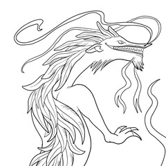 Black and white coloring page ink illustration of a dragon.