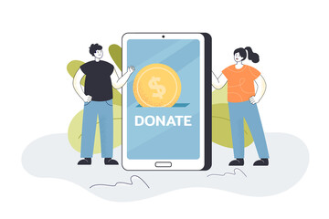 Tiny volunteers donating money online. Man and woman with donation box on mobile phone screen flat vector illustration. Charity, fundraising concept for banner, website design or landing web page