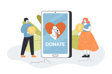 Tiny volunteers donating to dog shelter using mobile app. Man and woman holding gold coins flat vector illustration. Charity, love to animals concept for banner, website design or landing web page