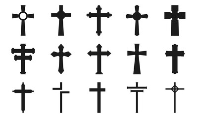 Colección de cruces cristianas. Conjunto de siluetas de símbolos religiosos. Ilustración vectorial de símbolos espirituales.