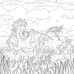 Fototapeta na wymiar Black and white coloring page ink illustration of a dragon.