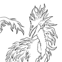 Black and white coloring page ink illustration of a dragon.