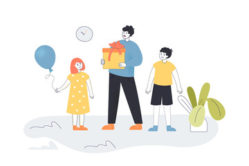 Father giving surprise birthday gift to daughter with balloon. Man holding present box with ribbon flat vector illustration. Happy family, party concept for banner, website design or landing web page