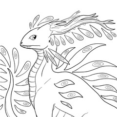 Black and white coloring page ink illustration of a dragon.