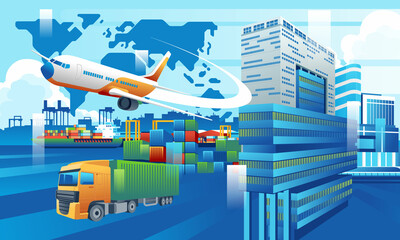 Global business logistics import export of containers cargo ship, container truck, plane, truck on city background concept, transport industry concept