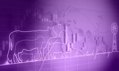 Overlayed outline icons of ram, cow and pig. Ecologically clean area. Village in the summer. Banner with livestock farming text. Candlestick stock exchange background with world map
