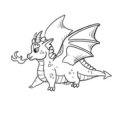 Black and white coloring page ink illustration of a dragon.