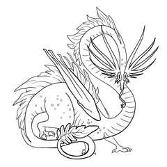 Black and white coloring page ink illustration of a dragon.
