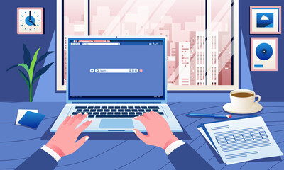 Business hands typing on laptop keyboard , coffee and document on table. browser on screen. Office desk concept. city landscape on window view