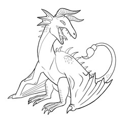 Black and white coloring page ink illustration of a dragon.
