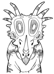 Black and white coloring page ink illustration of a dinosaur.