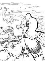 Black and white coloring page ink illustration of a dinosaur.