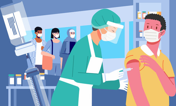 Vaccination against virus. a young man being vaccinated by a nurse and people waiting in line concept illustration