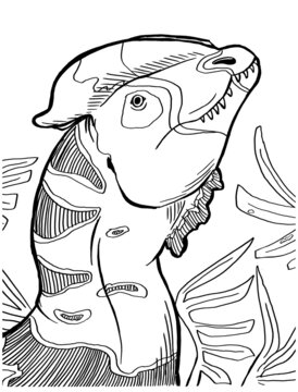 Black and white coloring page ink illustration of a dinosaur.