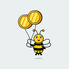 Cute cartoon bee businessman floating with gold coin balloon cartoon vector illustration