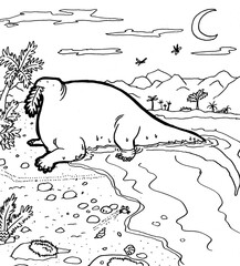 Black and white coloring page of a prehistoric creature.