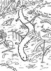 Black and white coloring page of a prehistoric creature.