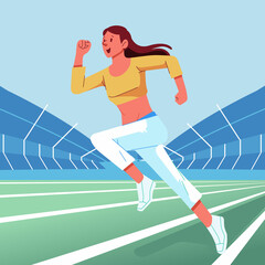 Obraz premium Athletic woman character run on stadium Illustration, sport workout, fit girl