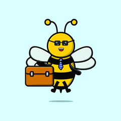 Cute cartoon bee businessman character holding suitcase illustration