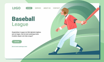 Illustration Baseball player character sport and Landing Page Design for web page and app concept
