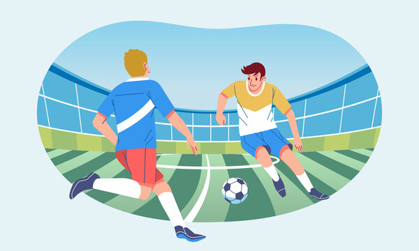 Action football players fighting for the ball on the stadium field, flat vector illustration concept