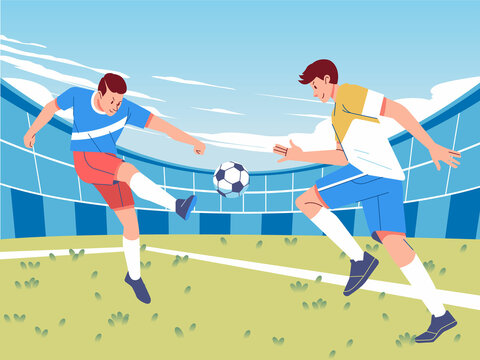 Action football players fighting for the ball on the stadium field, flat vector illustration