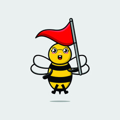 Cute cartoon Bee character holding triangle flag in 3d modern design for t-shirt, sticker