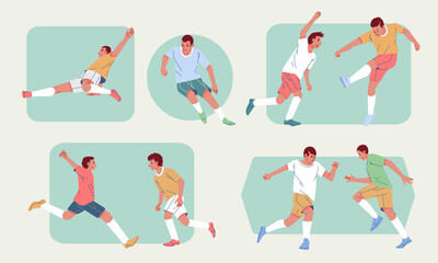 Fototapeta na wymiar Soccer players in action various poses set flat design style vector illustration