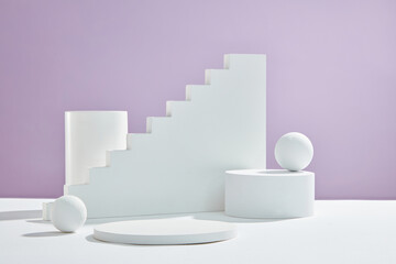 Front view of white podium and stairway with blank space in purple background abstract content