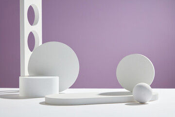 Front view of white podium and stairway with blank space in purple background abstract content
