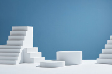 Front view of white podium and stairway with blank space in blue background abstract content