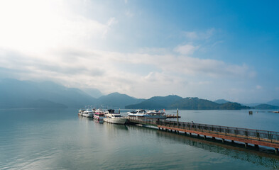 Taiwan, China Chiayi Nantou Sun Moon Lake shrouded in clouds