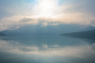 Fototapeta na wymiar Taiwan, China Chiayi Nantou Sun Moon Lake shrouded in clouds
