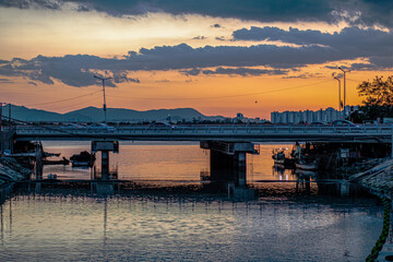 sunset in fishing village