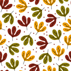 Bright autumn leaves seamless vector pattern. Hand drawn veined leaf on a stem. Flat cartoon elements isolated on white background. Fall botanical illustration, leaves of a garden tree, polka dots