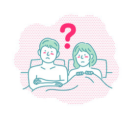 Vector illustration of a young couple in bed | question, ask